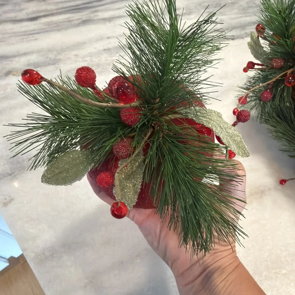 Set Of 5 Large Red Sparkle Christmas Balls With Pine And Cranberries